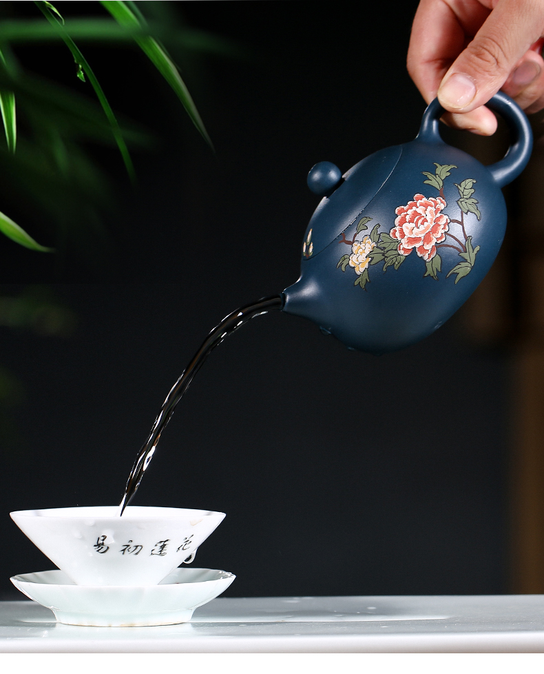 純手工紫砂壺，小巧琺瑯印花紫砂壺